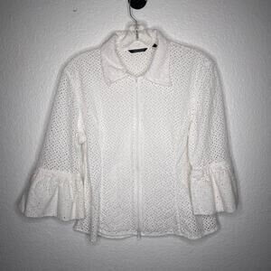 Samuel Doug Womens Jacket Size XL White Semi Sheer Full Zip 3/4 Sleeve Collared